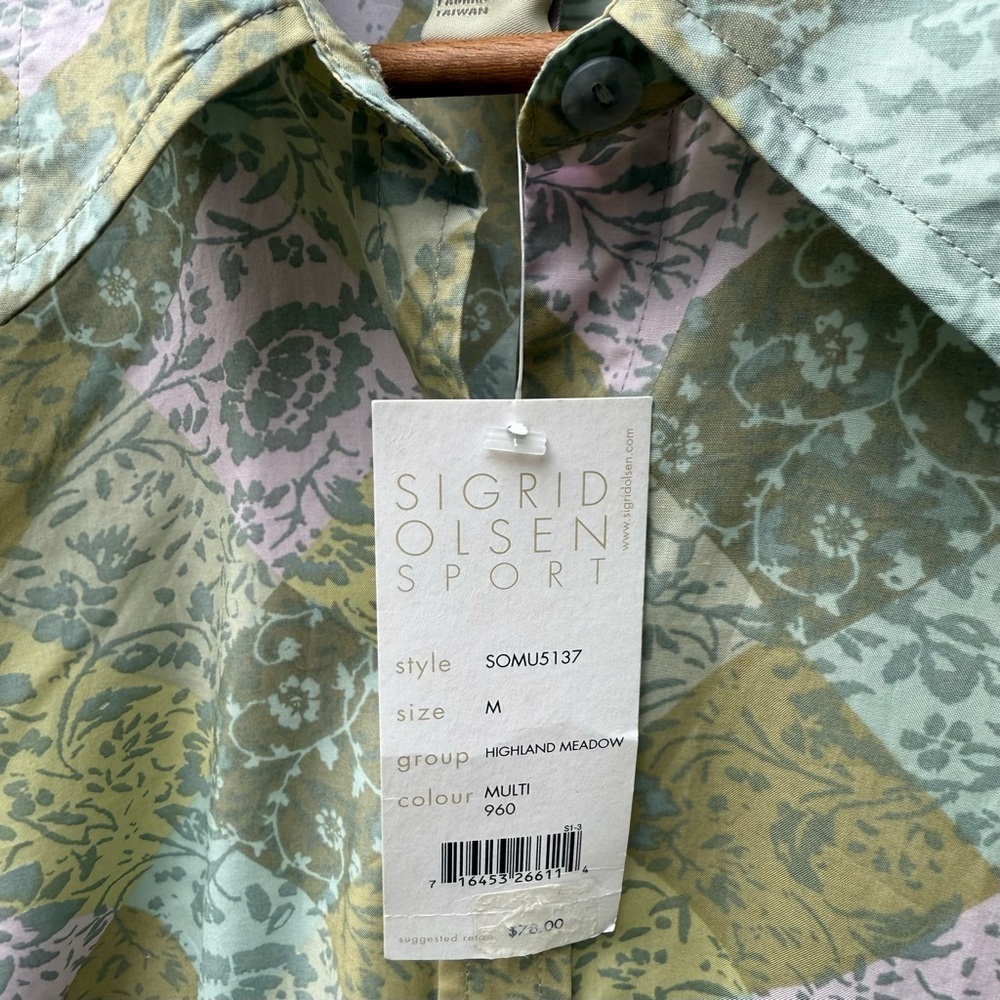 NWT Sigrid Olsen Colorful Green Floral Button Up Collared Long Sleeve Shirt M - Picture 4 of 5